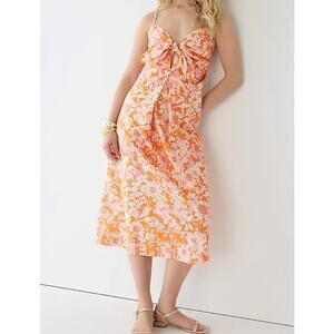 J Crew Tie-Front Cotton Poplin Midi Dress in Orange Floral Women's L NEW